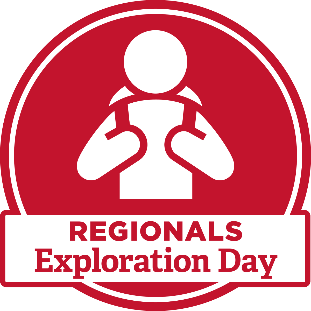 Regionals Exploaration Days Badge. A stick figure carrying a backpack in Miami red